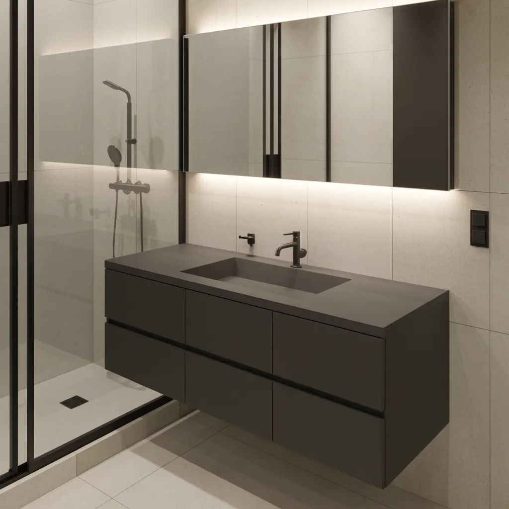 24 Bathroom Vanity Ideas So Beautiful, You’ll Want to Remodel Today 7 Shadowline – Matte Black Floating Vanity with Integrated Sink
