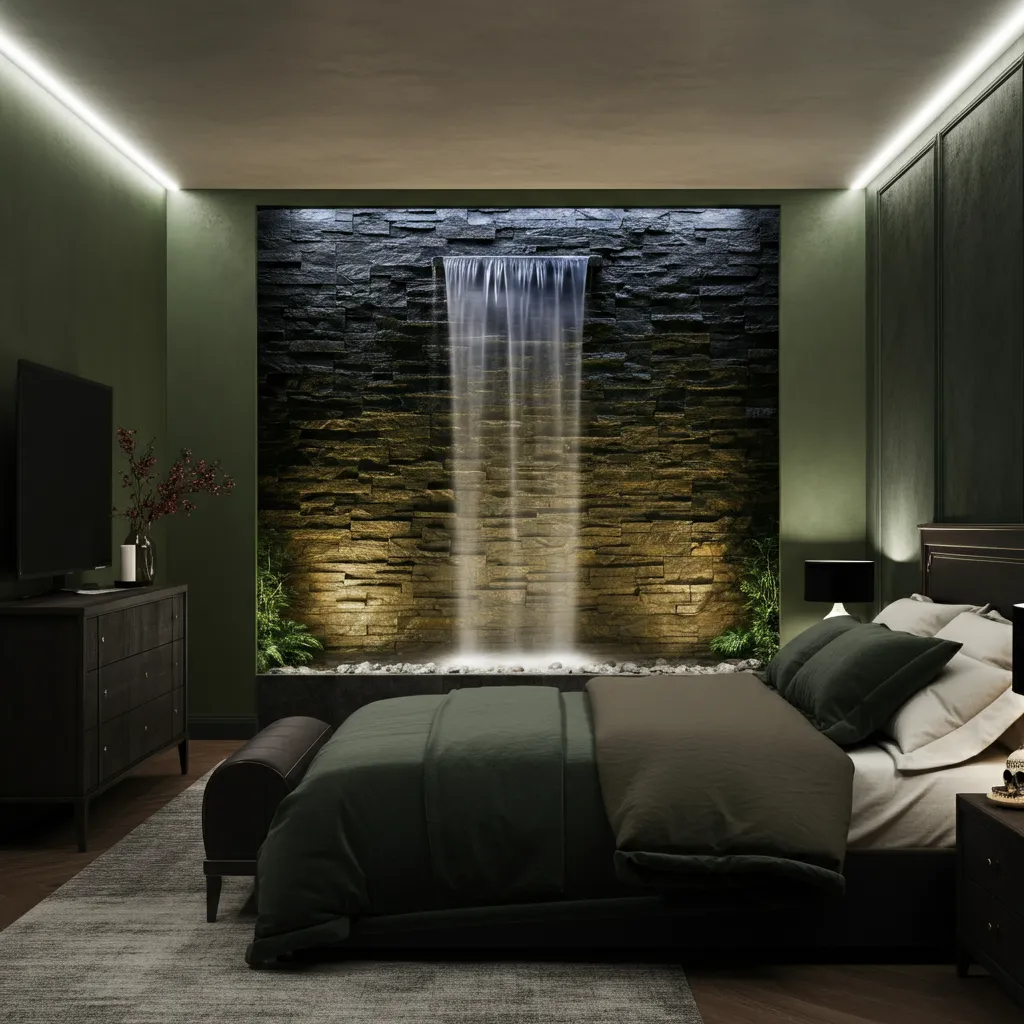 32+ Dark Nature Aesthetic Bedrooms That Feel Like a Peaceful Forest Retreat 31 Shadowy Waterfall Feature
