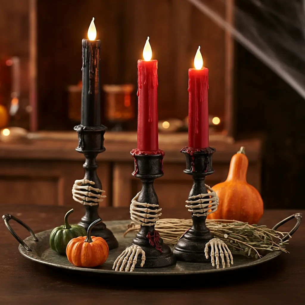 25+ Spooky-Chic Halloween Kitchen Decor Ideas You’ll Wish You Tried Sooner 26 Skeleton Grip Candle Trio