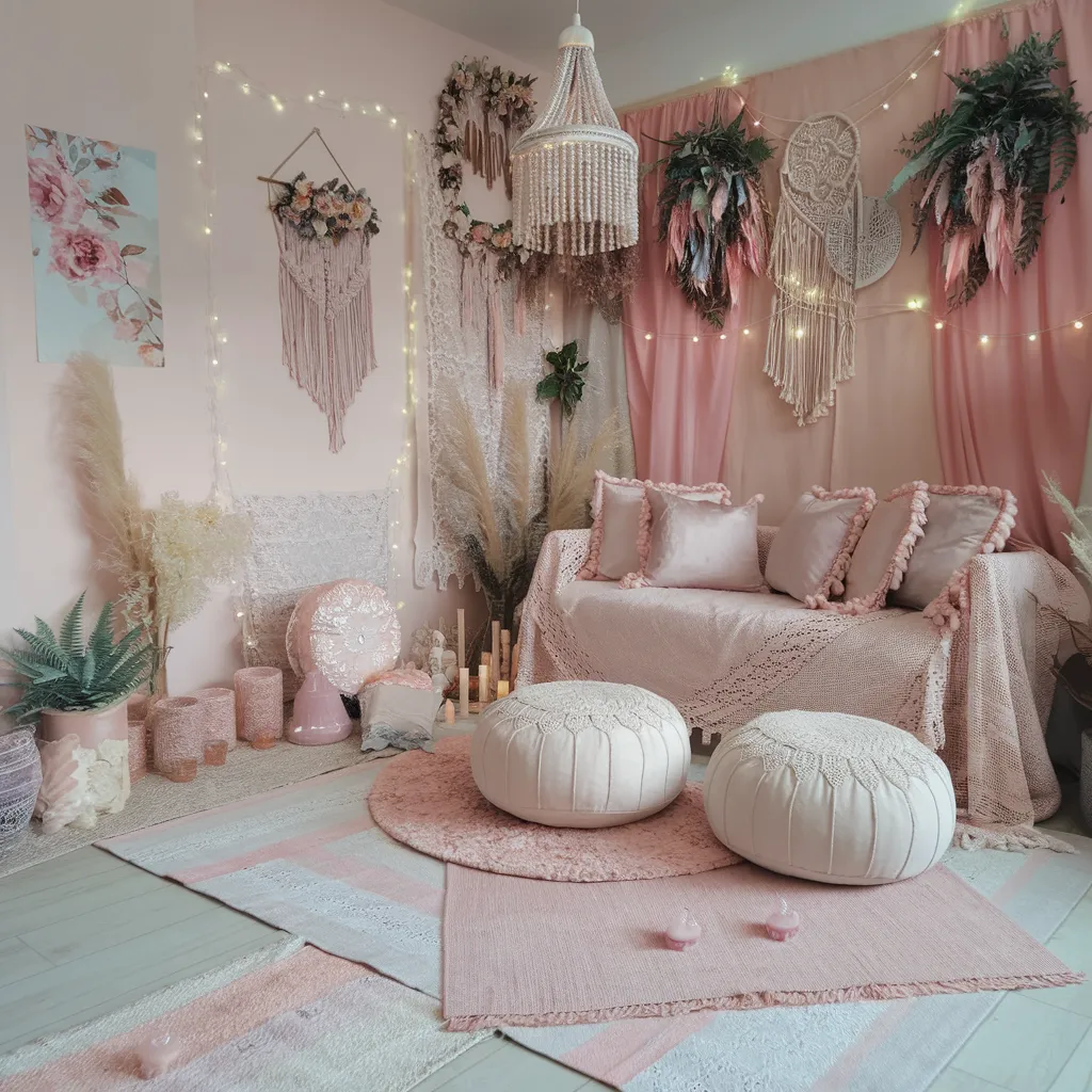 Cozy Yet Stylish: Boho Living Room Ideas That Feel Like a Dream 7 Soft Pink Boho Living Room with Romantic Charm