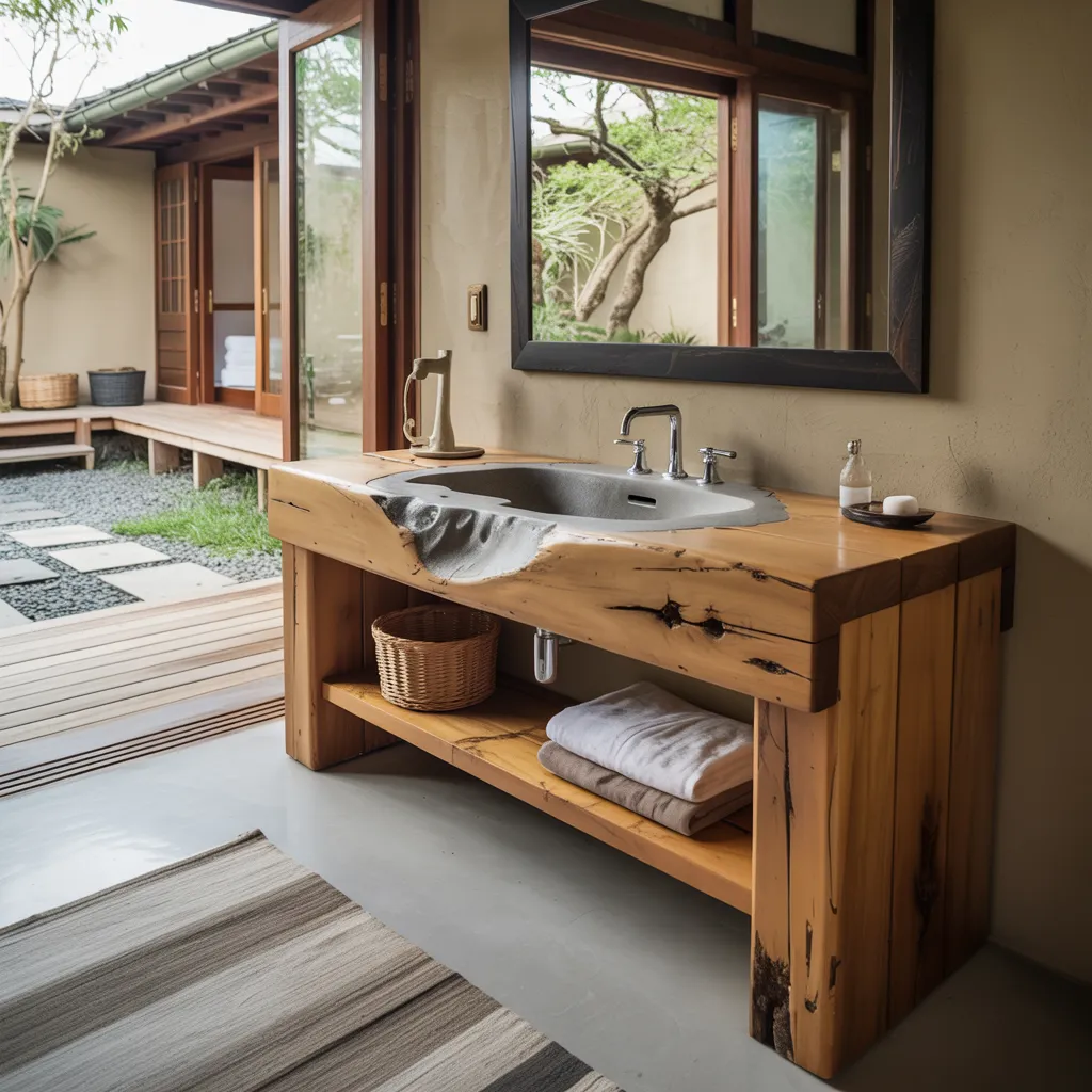 24 Bathroom Vanity Ideas So Beautiful, You’ll Want to Remodel Today 14 Stillwater – Live Edge Elm Vanity with Stone Basin