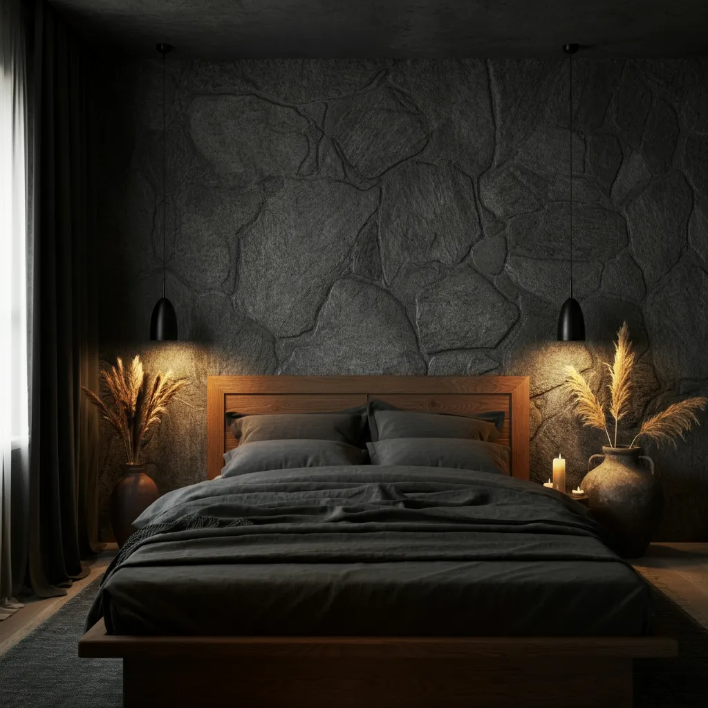 32+ Dark Nature Aesthetic Bedrooms That Feel Like a Peaceful Forest Retreat 21 Stone and Shadow
