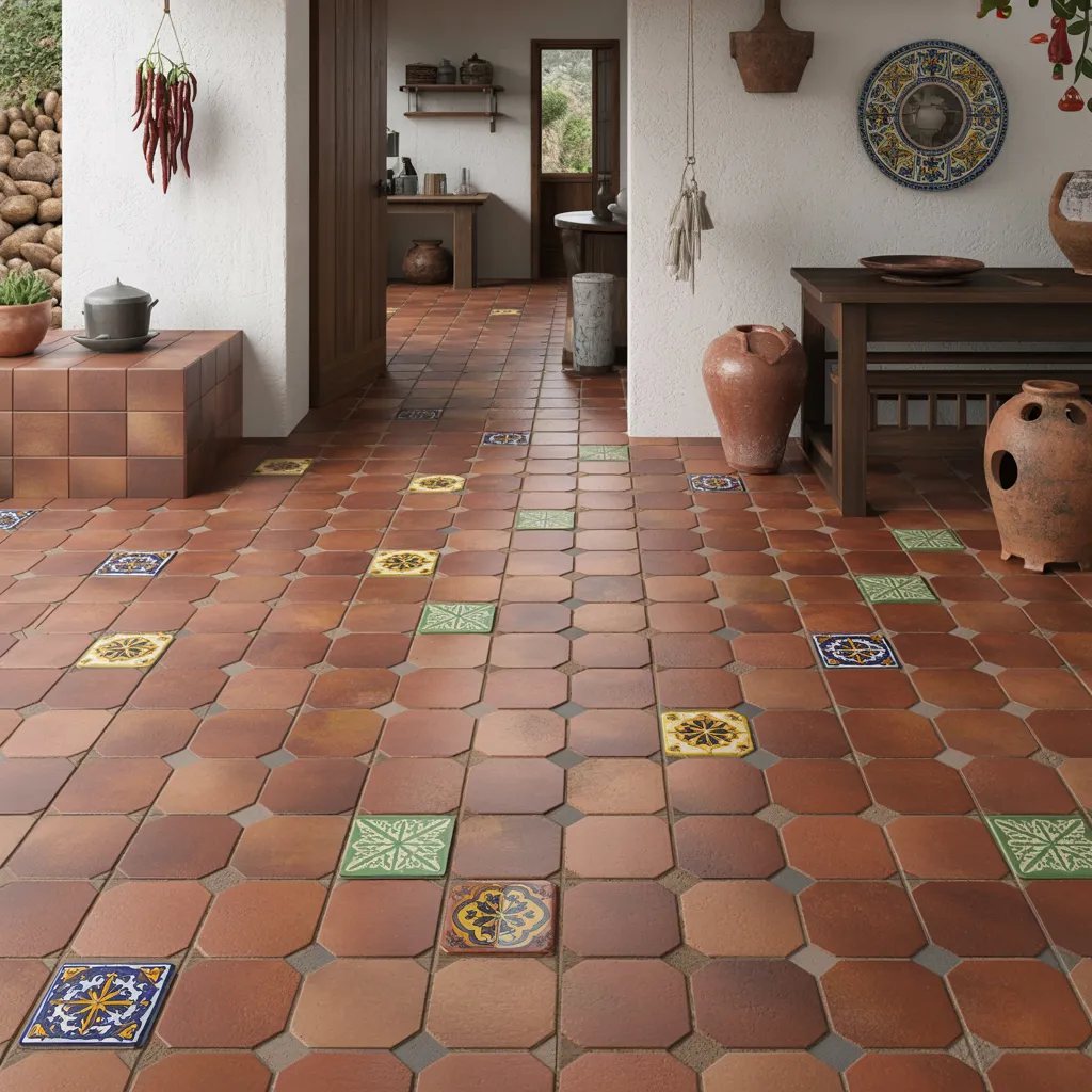 These Genius Flooring Ideas Will Make Your Rooms Look 10x Better 33 Terracotta Clay Tiles with Hand-Painted Accents