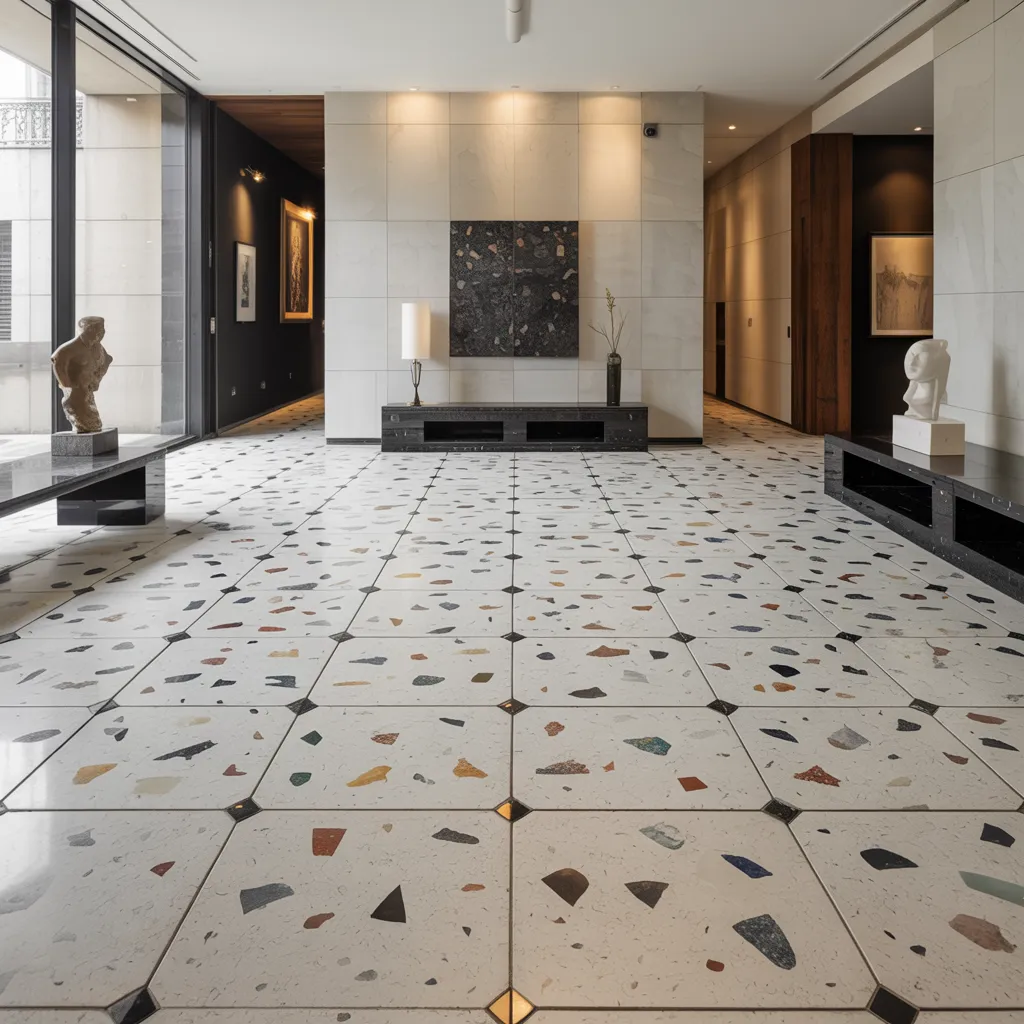 These Genius Flooring Ideas Will Make Your Rooms Look 10x Better 27 Terrazzo with Large Format Tiles and Mineral Chips