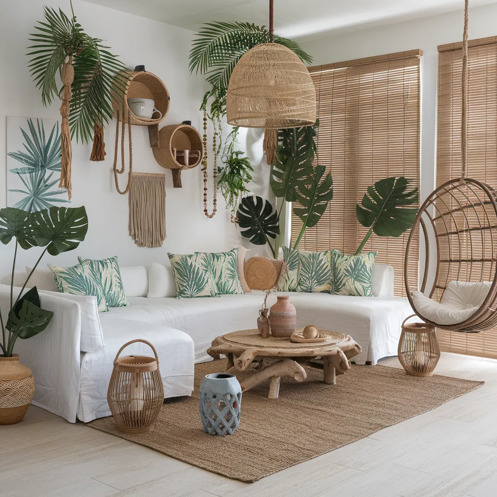 Cozy Yet Stylish: Boho Living Room Ideas That Feel Like a Dream 18 Tropical Boho Living Room with Fresh Greenery and Natural Textures