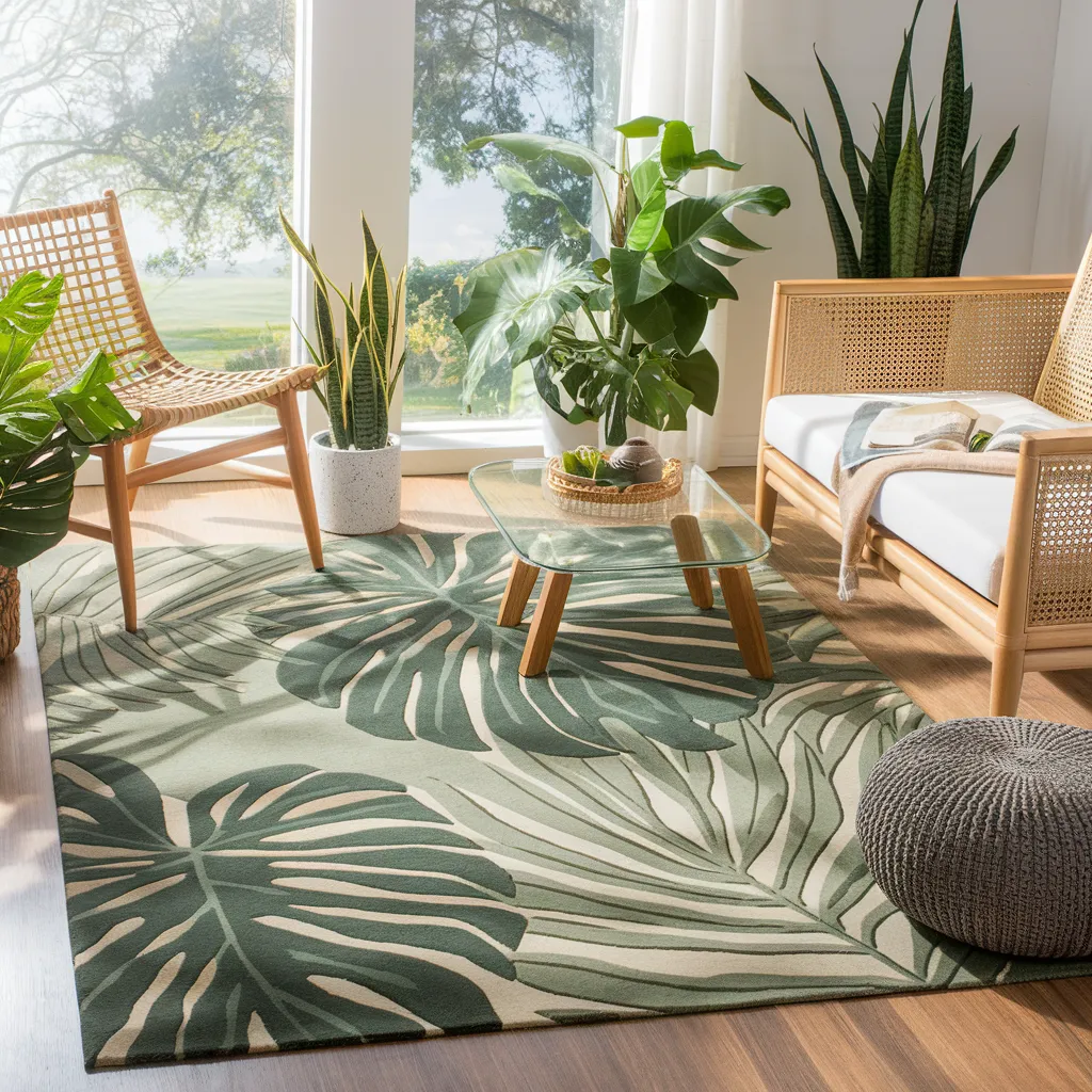 Rugs in Living Room Designs That Instantly Upgrade Your Space 15 Tropical Leaf Rug in Living Room