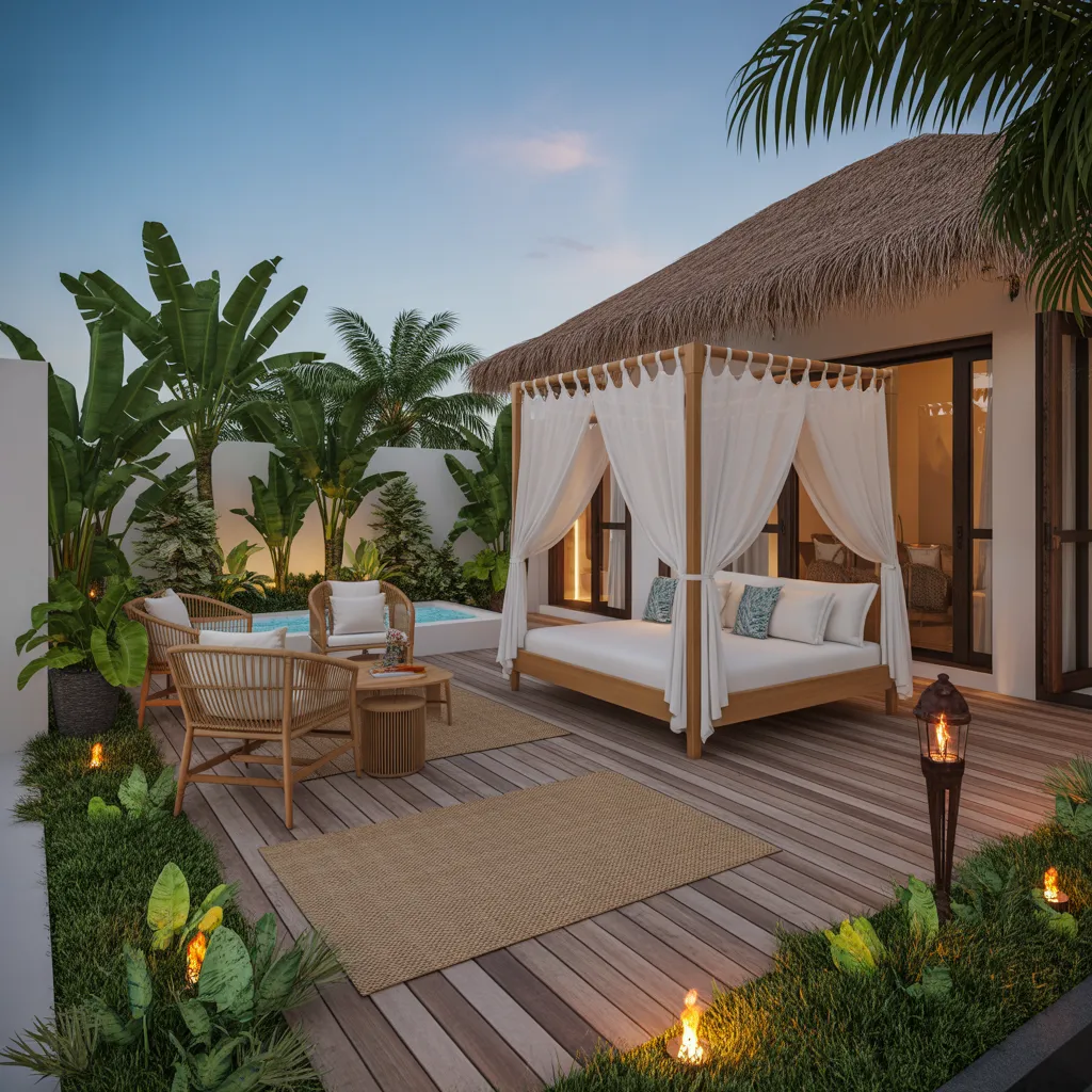 Tropical Resort Style Terrace with Canopy Bed