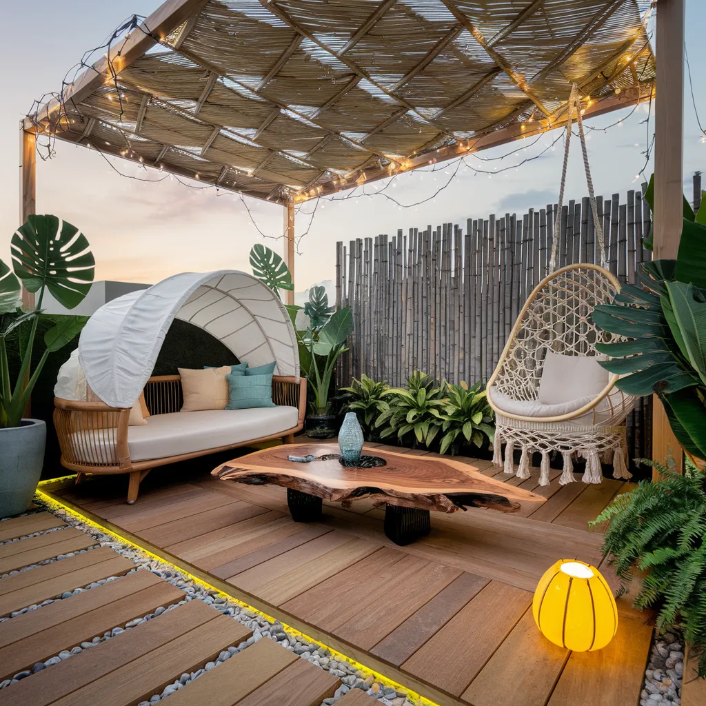 31+ Unique Patio Ideas That Will Make You Never Want to Go Inside 11 Tropical Rooftop Patio with Boho Vibes