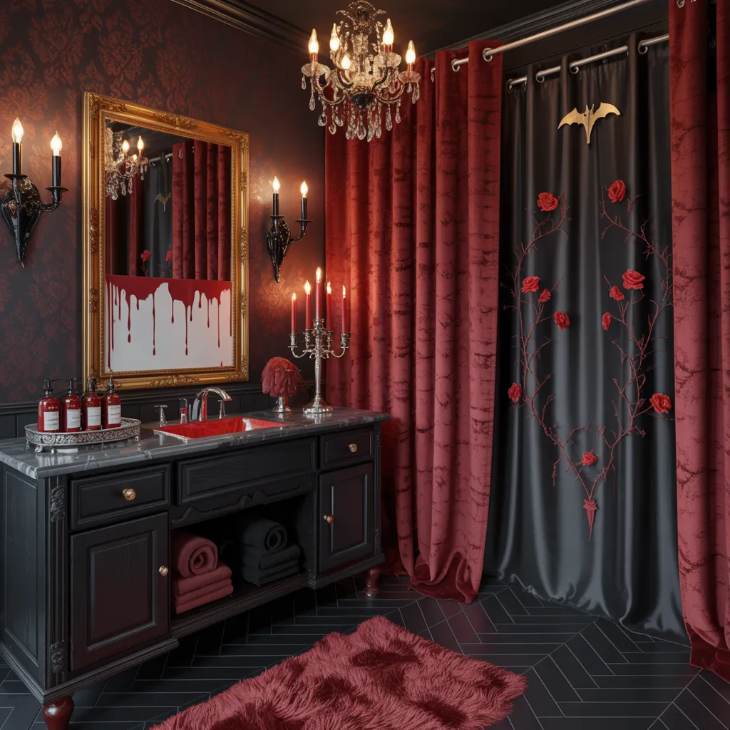 Halloween Bathroom Makeovers You’ll Want to Copy Before October 31st 29 Vampire’s Velvet Lair Bathroom