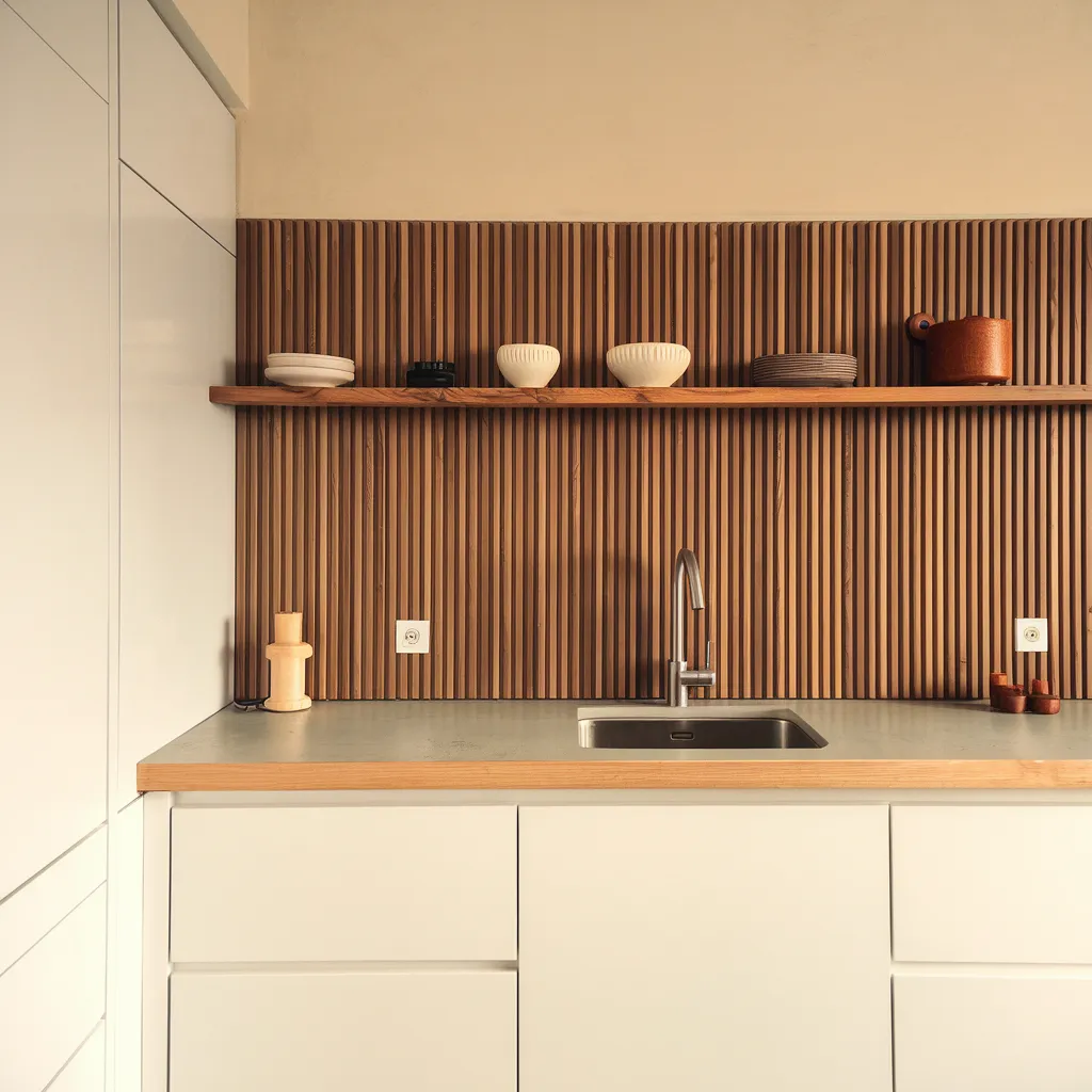 32+ Jaw-Dropping Kitchen Backsplash Ideas You Haven’t Seen Yet 2 Vertical Slat Wood Backsplash with Floating Shelf