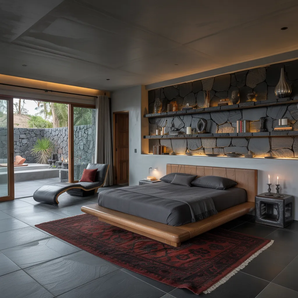 32+ Dark Nature Aesthetic Bedrooms That Feel Like a Peaceful Forest Retreat 16 Volcanic Serenity – Luxury Bedroom with Charcoal Stone and Red Accents