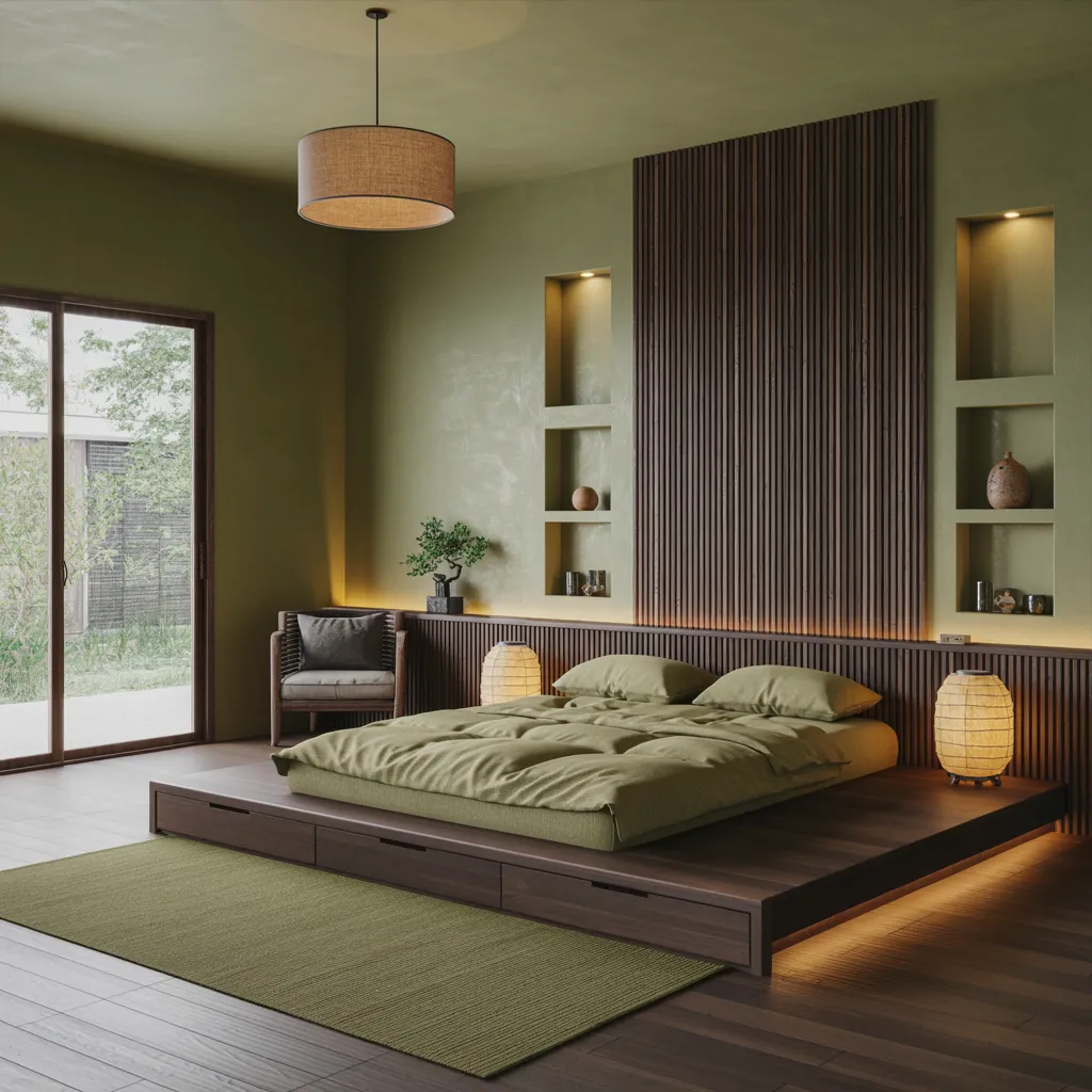 32+ Dark Nature Aesthetic Bedrooms That Feel Like a Peaceful Forest Retreat 17 Wabi-Forest Calm – Japandi Minimalist Bedroom with Zen Touch