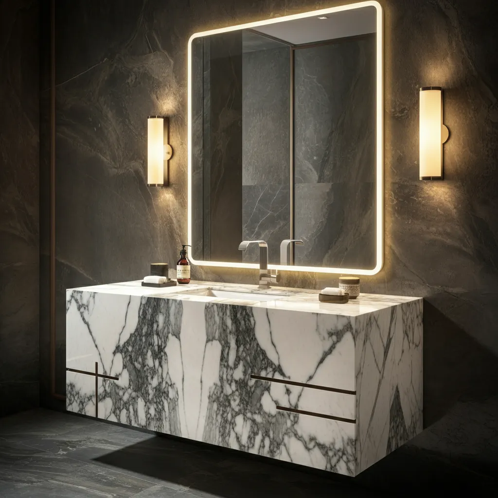 24 Bathroom Vanity Ideas So Beautiful, You’ll Want to Remodel Today 20 Waterfall Countertop Vanity 2