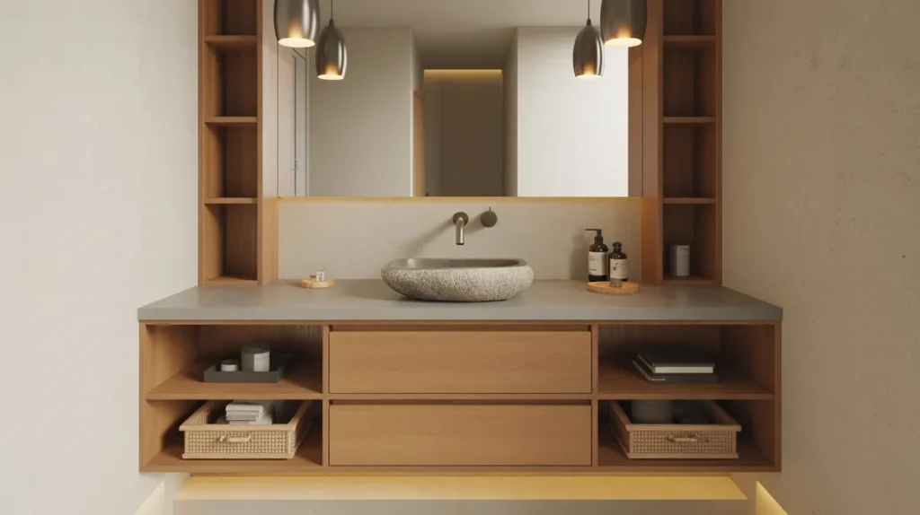 24 Bathroom Vanity Ideas So Beautiful, You’ll Want to Remodel Today 9 Zen Grove – Floating Oak Vanity with Stone Vessel Basin