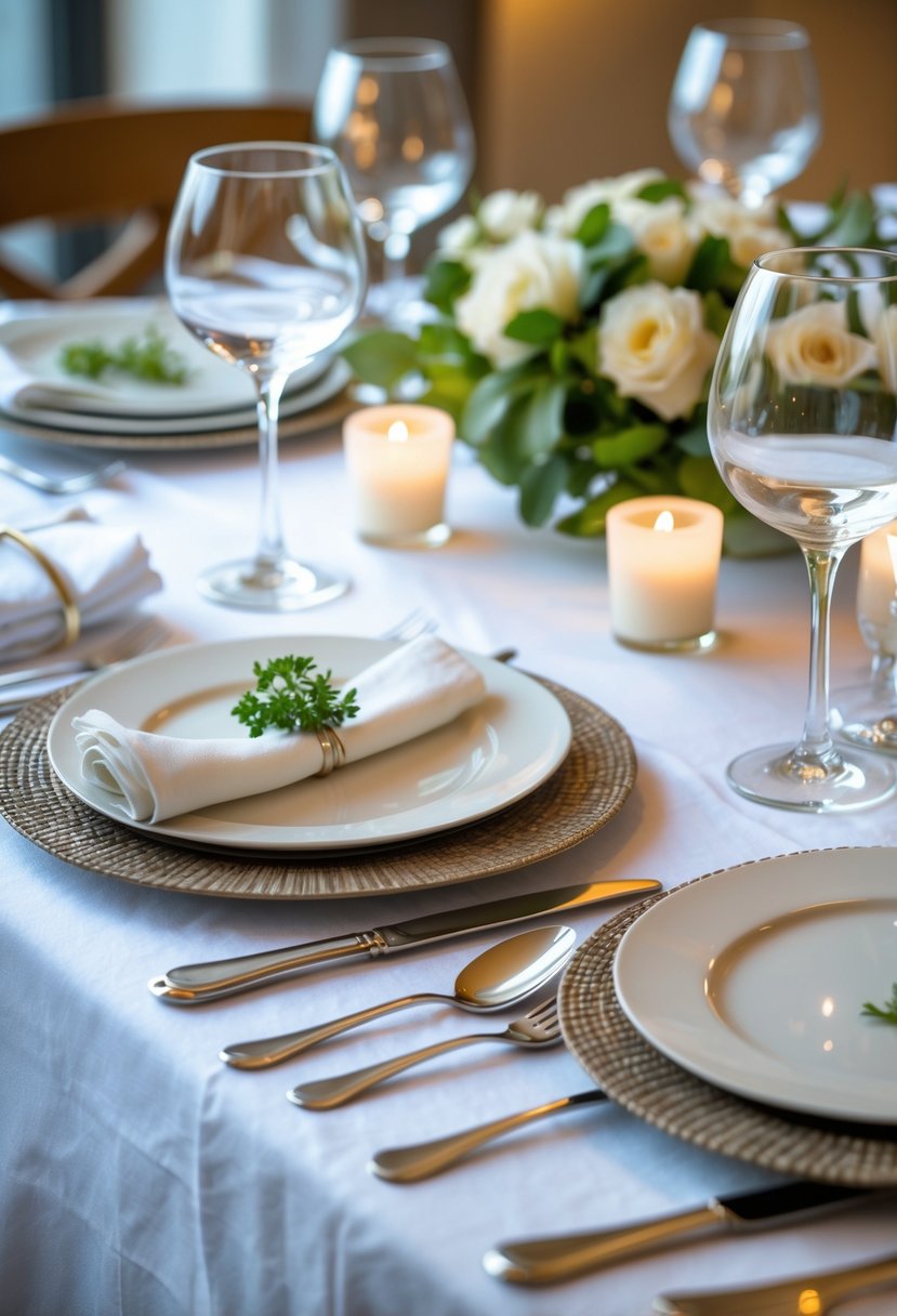 How to Set a Table for Dinner: Complete Guide for Any Occasion 3 A neatly arranged dinner table with plates, silverware, glasses, and a folded napkin, ready for a formal meal.