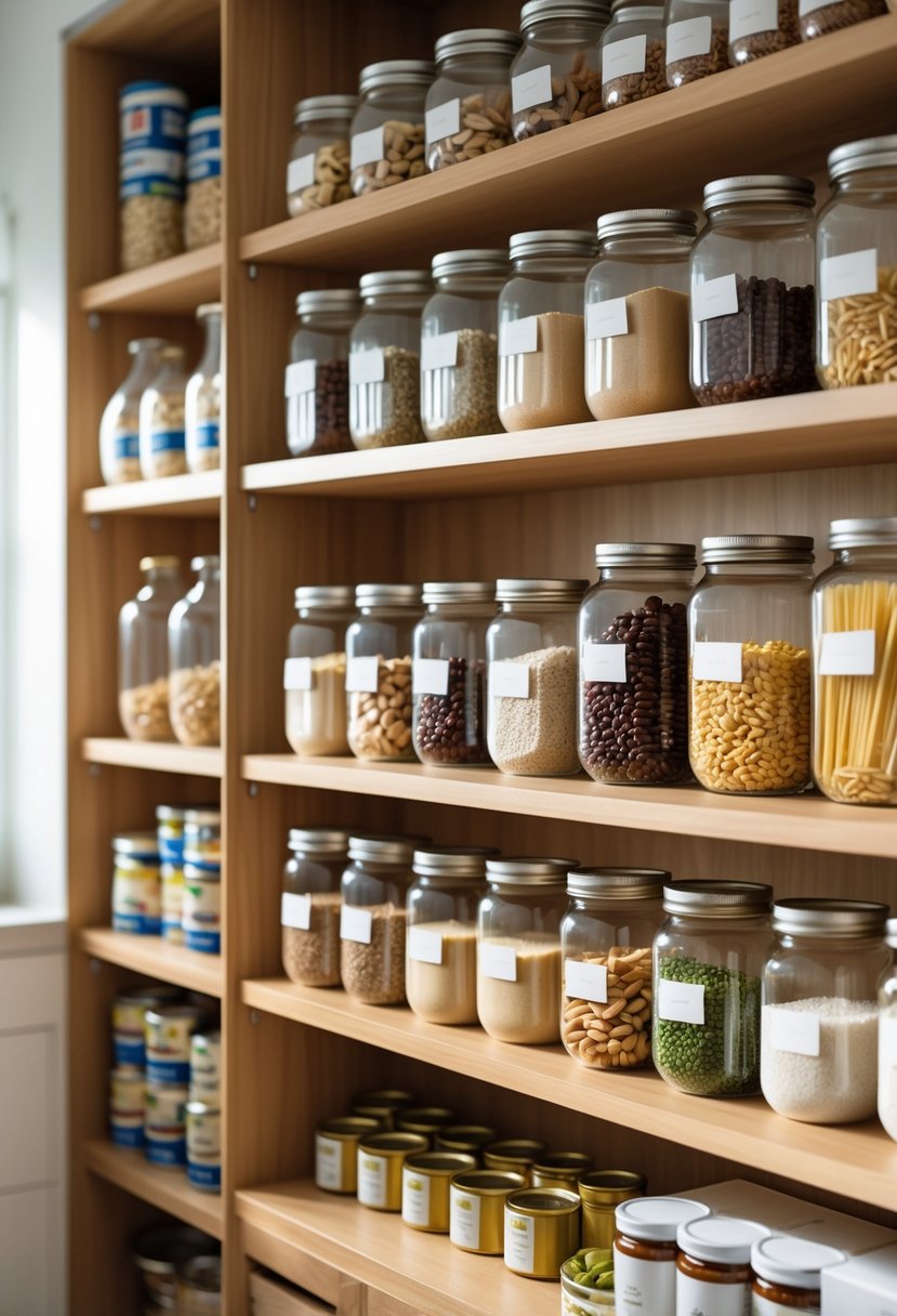 How to Organize a Pantry: Essential Steps for an Organized Kitchen 3 A neatly organized kitchen pantry with clear jars of dry goods, stacked canned goods, and boxes arranged on wooden shelves.