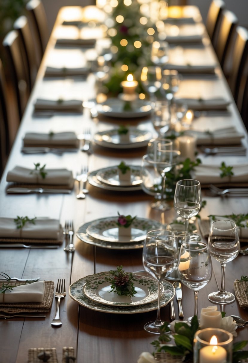How to Set a Table for Dinner: Complete Guide for Any Occasion 4 A long wooden table displaying different types of dinner table settings with plates, silverware, glasses, napkins, and floral centerpieces.