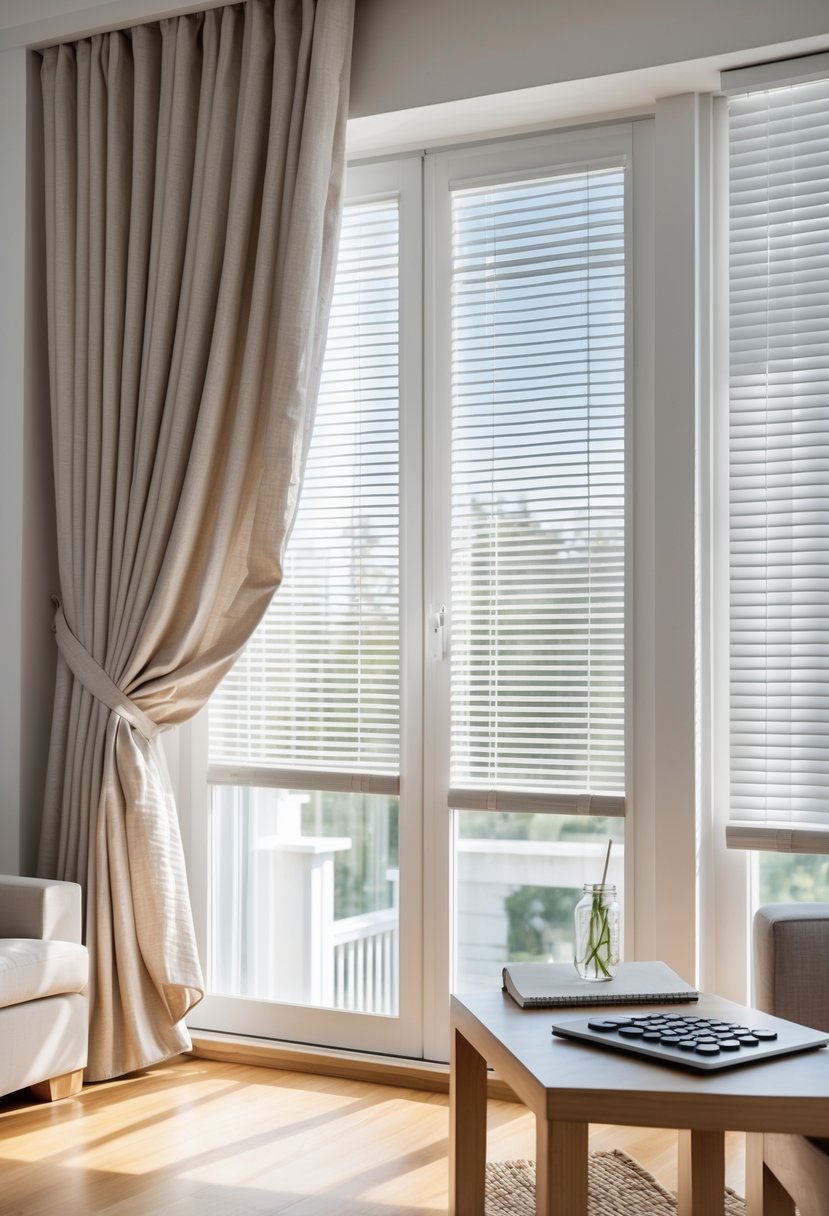 How to Choose Between Curtains vs Blinds: The Complete Guide 4 A living room window with curtains on one side and blinds on the other, with a table holding a notebook and calculator nearby.