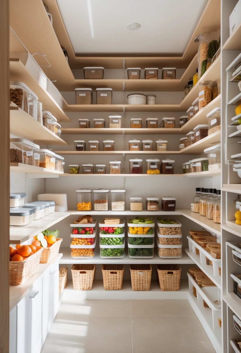 How to Organize a Pantry: Essential Steps for an Organized Kitchen 4 A neatly organized pantry with clear containers, tiered racks, and baskets holding food items on light wood shelves.