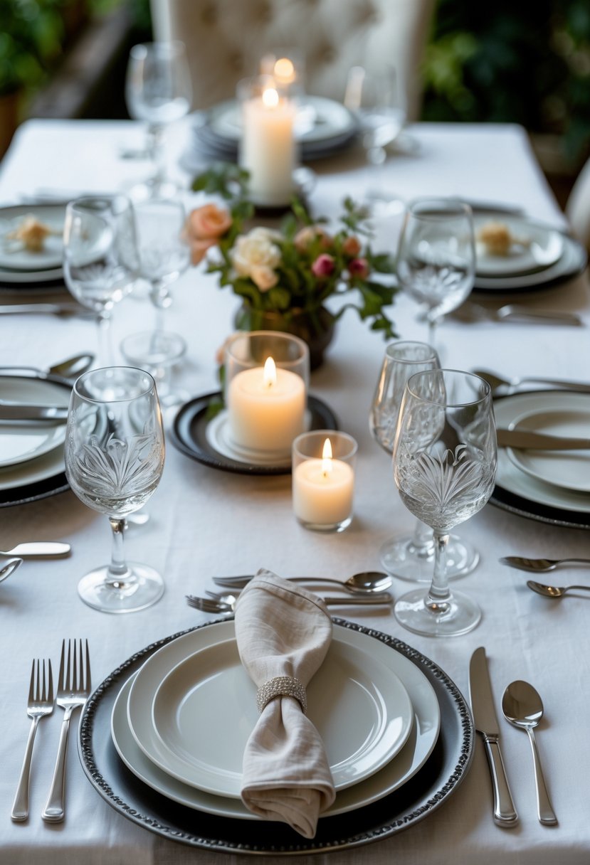 How to Set a Table for Dinner: Complete Guide for Any Occasion 5 A neatly set dinner table with plates, silverware, glasses, a candle centerpiece, and fresh flowers.