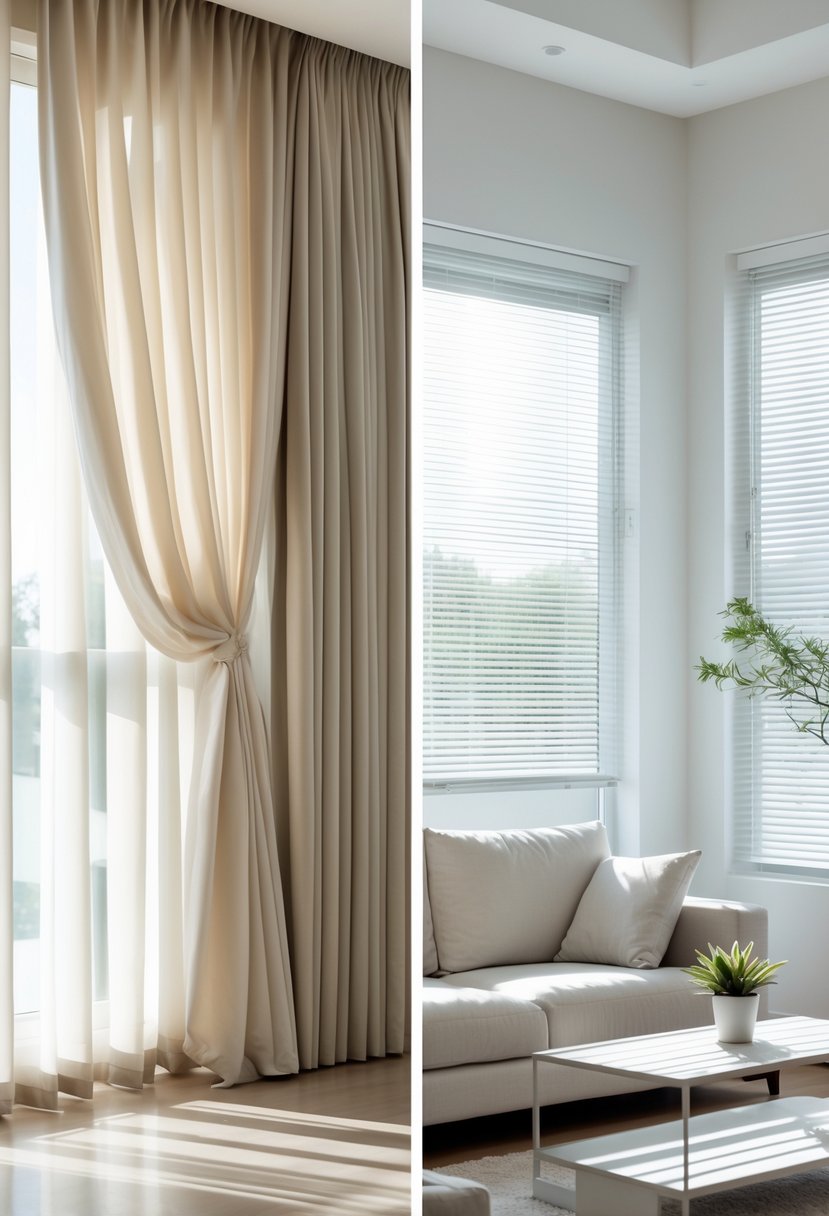 How to Choose Between Curtains vs Blinds: The Complete Guide 5 A living room with one window covered by beige curtains and another window with white horizontal blinds, both letting in natural light.