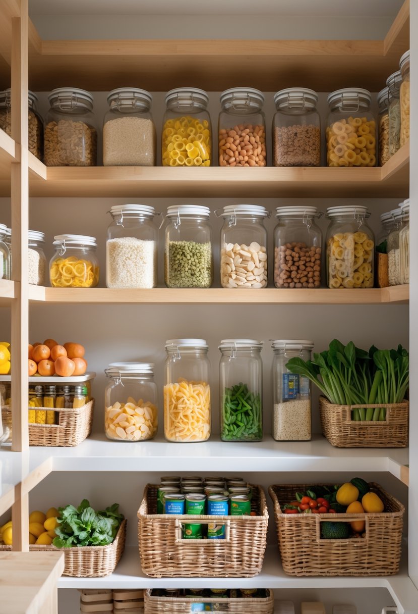 How to Organize a Pantry: Essential Steps for an Organized Kitchen 5 A tidy pantry with shelves holding jars, baskets, and containers filled with food items, arranged neatly and clearly.