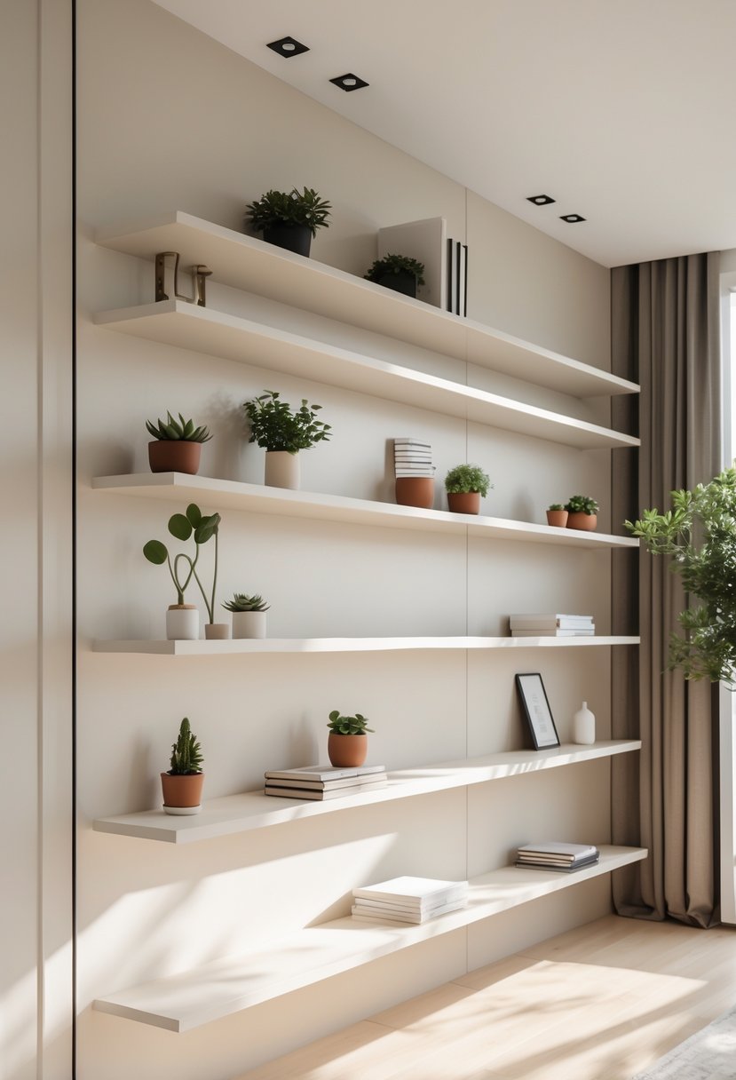 How to Create Floating Shelves: Step-by-Step DIY Guide 3 A workspace with wooden planks, a drill, screws, measuring tape, level, and other tools for building floating shelves.