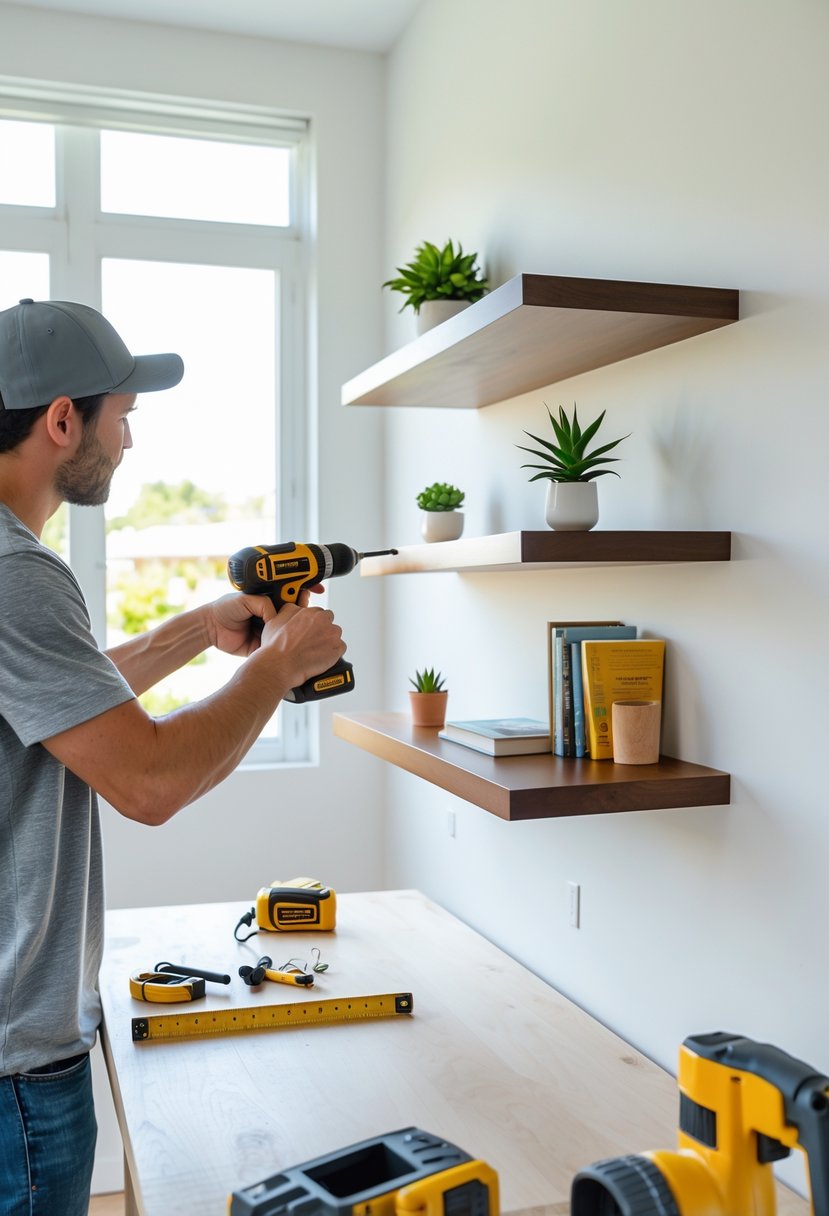 How to Create Floating Shelves: Step-by-Step DIY Guide 2 A workspace with wooden planks, a drill, screws, measuring tape, level, and other tools for building floating shelves.