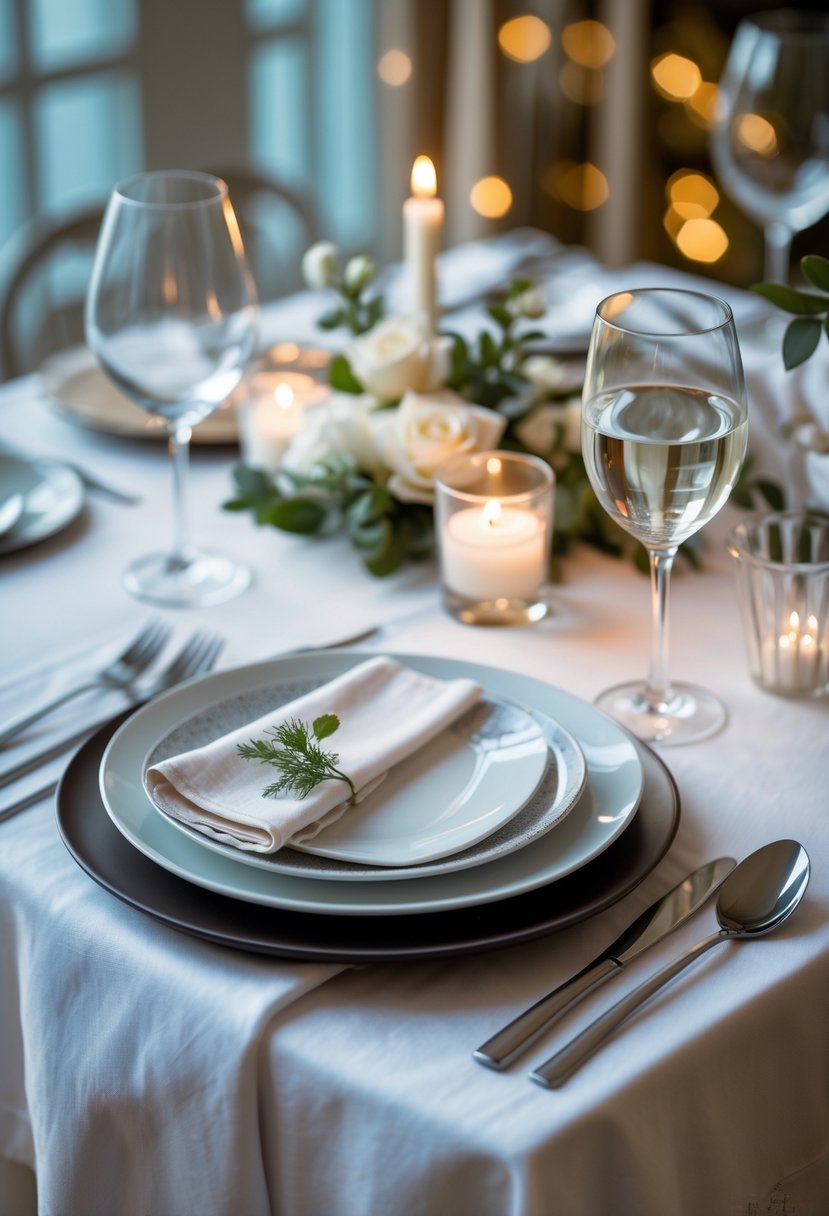 How to Set a Table for Dinner: Complete Guide for Any Occasion 2 A dinner table set with plates, utensils, glasses, and a small floral centerpiece.