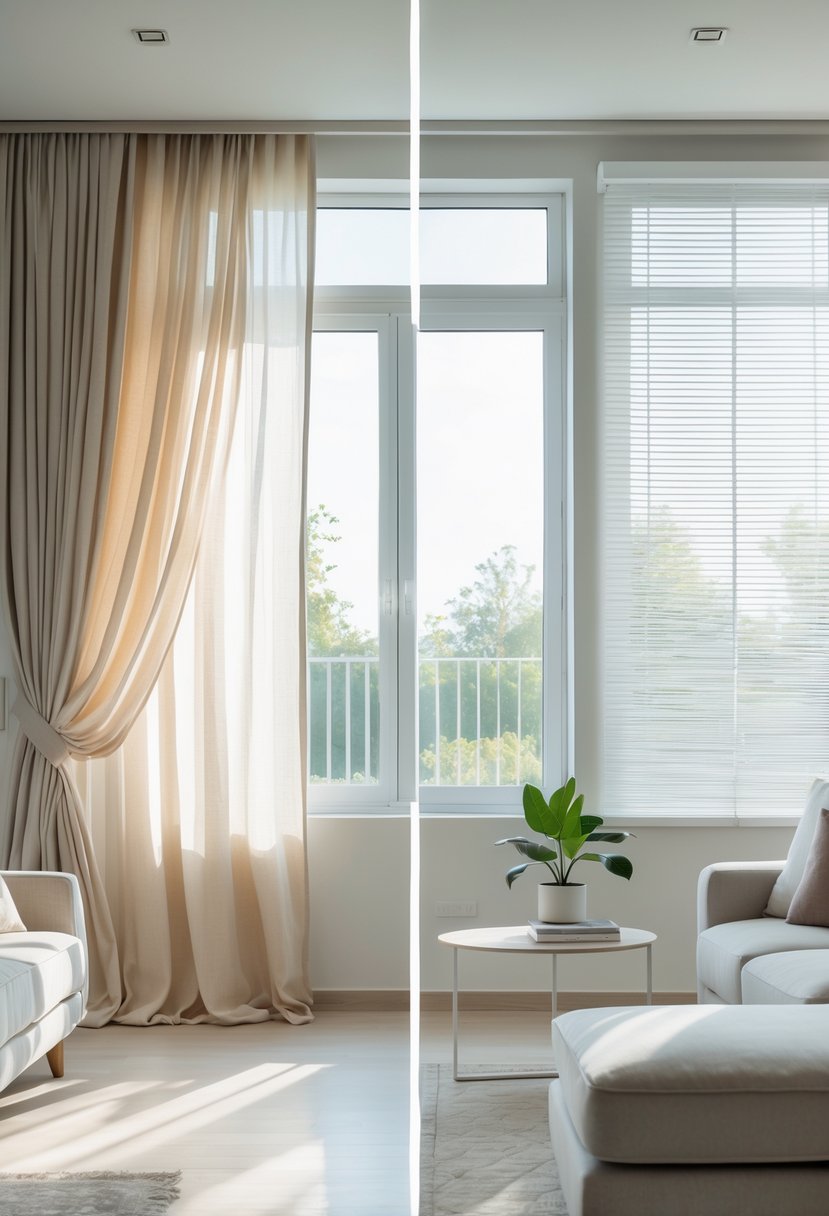 How to Choose Between Curtains vs Blinds: The Complete Guide 2 A living room with a window showing curtains on one side and blinds on the other side.