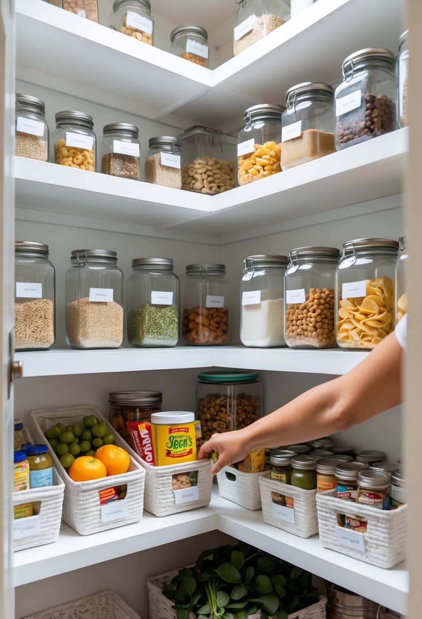 How to Organize a Pantry: Essential Steps for an Organized Kitchen 2 A neatly organized pantry with clear jars, baskets, and fresh produce on white shelves.
