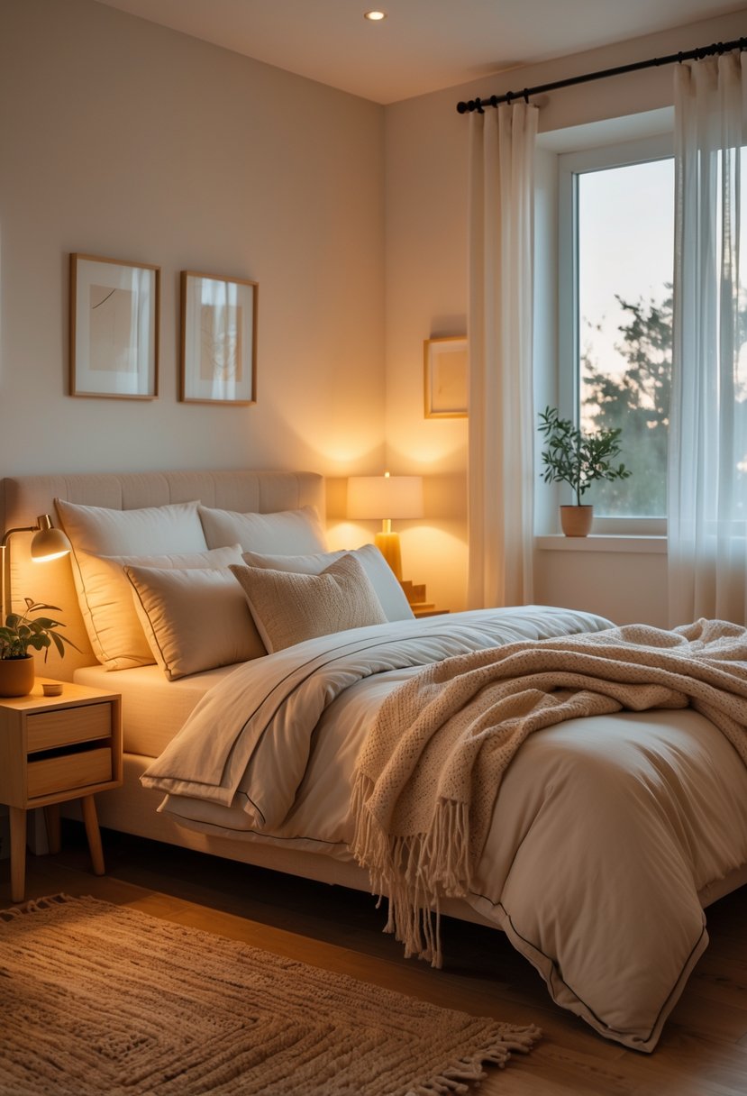 How to Make a Bedroom Cozy: Essential Ideas and Tips 2 A cozy bedroom with a made bed, soft pillows, warm lighting, a plant on a nightstand, and a window with sheer curtains.