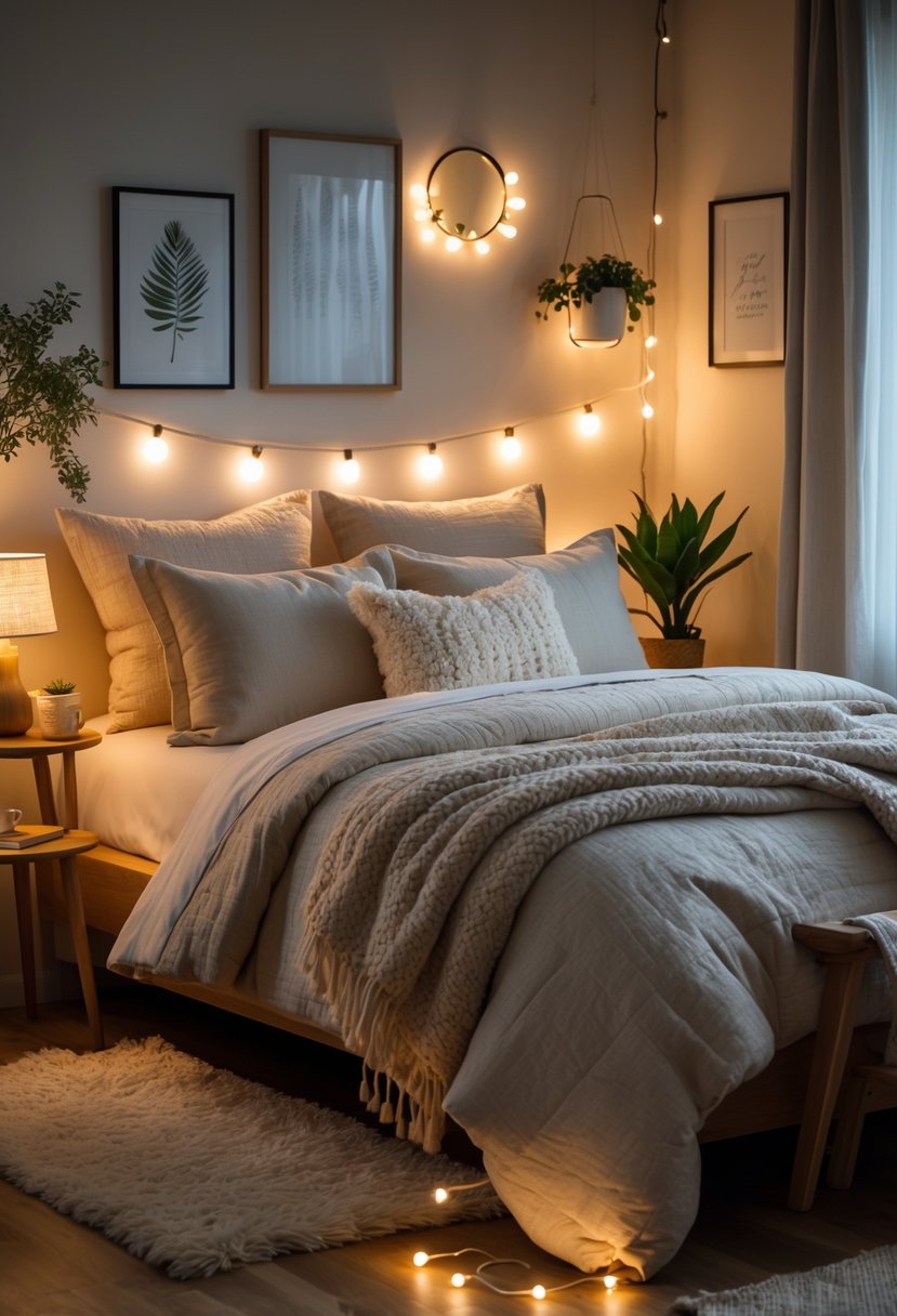 How to Make a Bedroom Cozy: Essential Ideas and Tips 4 A cozy bedroom with a made bed, soft lighting, plants, and decorative touches creating a warm and inviting atmosphere.