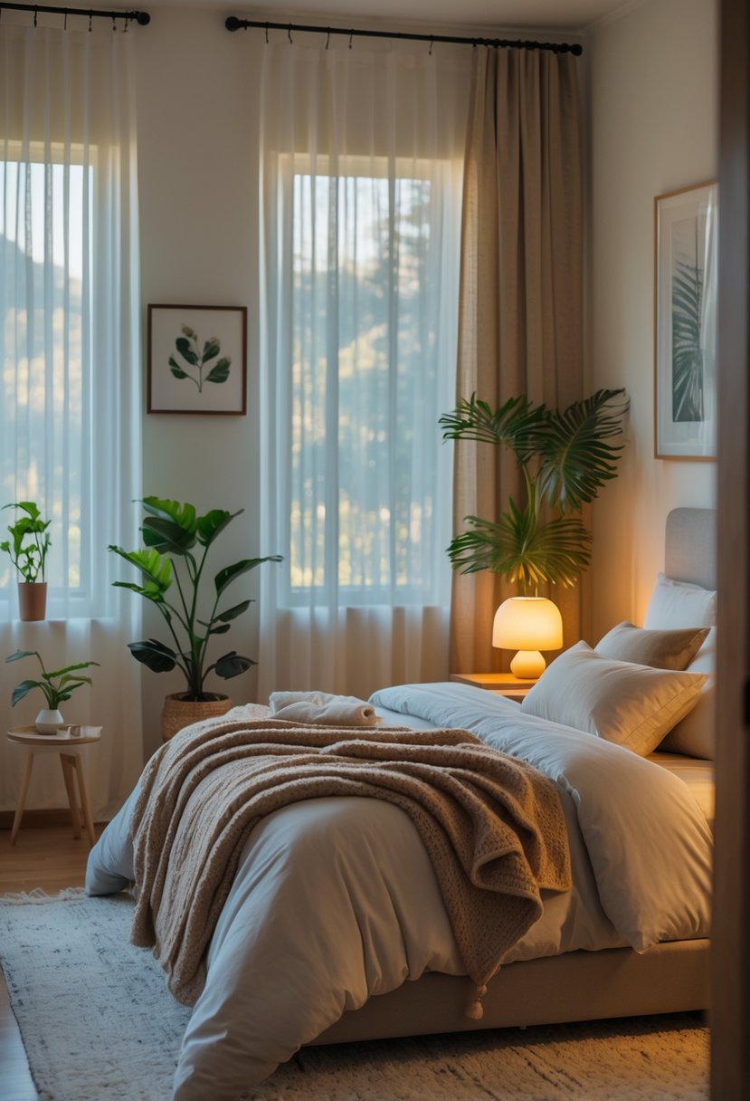 How to Make a Bedroom Cozy: Essential Ideas and Tips 5 A bedroom with a made bed, soft pillows, warm blanket, natural light, plants, and wooden furniture creating a cozy atmosphere.