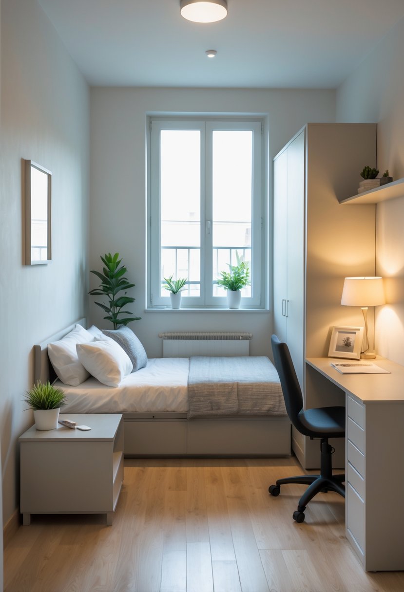 How to Arrange Furniture in a Small Bedroom for Maximum Space 2 A small bedroom with a single bed, a desk by the window, a bedside table with a lamp, and a wardrobe, all arranged to maximize space.