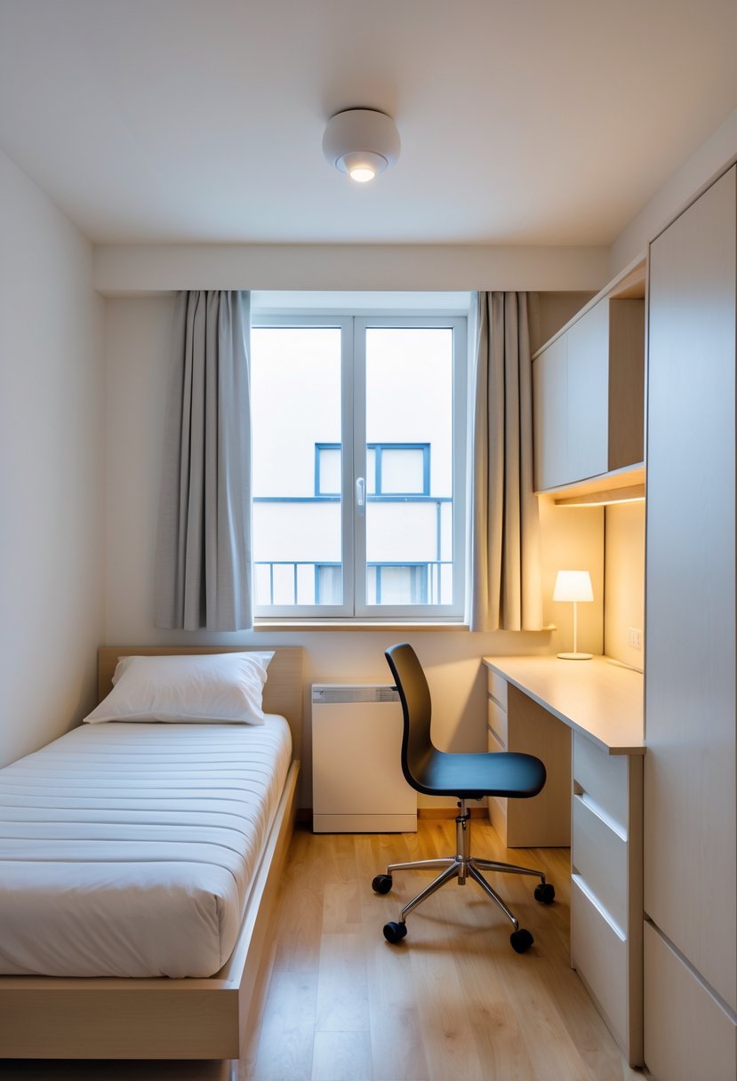 How to Arrange Furniture in a Small Bedroom for Maximum Space 3 A small bedroom with a single bed, a desk by the window, and a compact wardrobe arranged to maximize space.