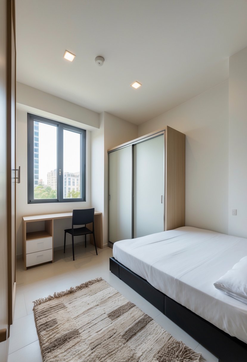 How to Arrange Furniture in a Small Bedroom for Maximum Space 5 A small bedroom with a bed against the wall, a nightstand, a desk by the window, and a wardrobe, showing an organized and space-efficient furniture arrangement.