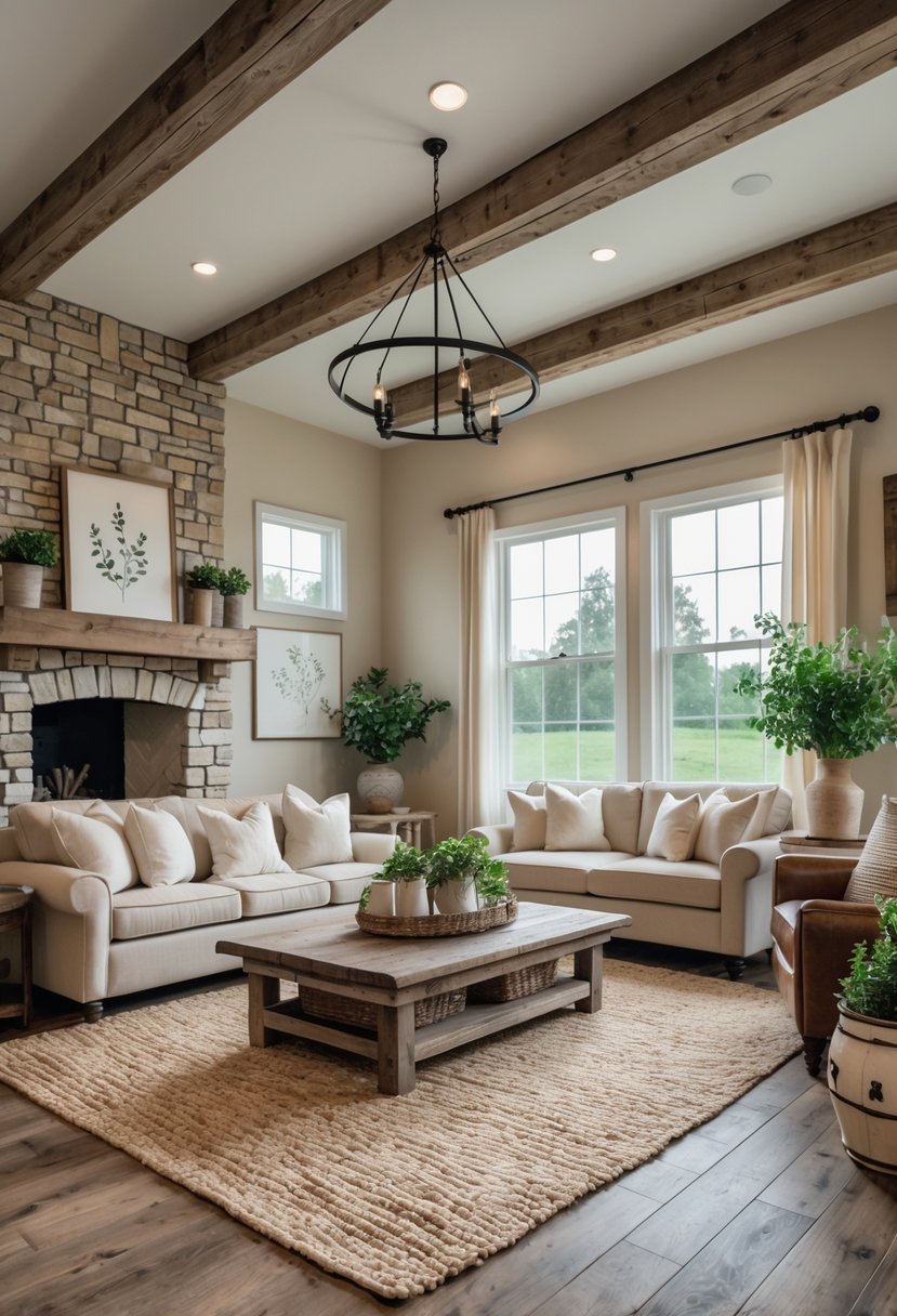 Farmhouse vs Rustic Living Room: Key Differences & Design Tips 2 A cozy living room with a stone fireplace, wooden beams, a beige sofa, leather armchair, wooden coffee table, and large windows letting in natural light.