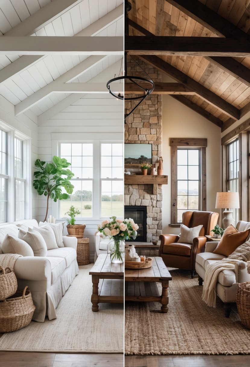 Farmhouse vs Rustic Living Room: Key Differences & Design Tips 3 Two adjacent living rooms side by side, one bright with white walls and light furniture, the other warm with wooden beams, stone fireplace, and darker furnishings.