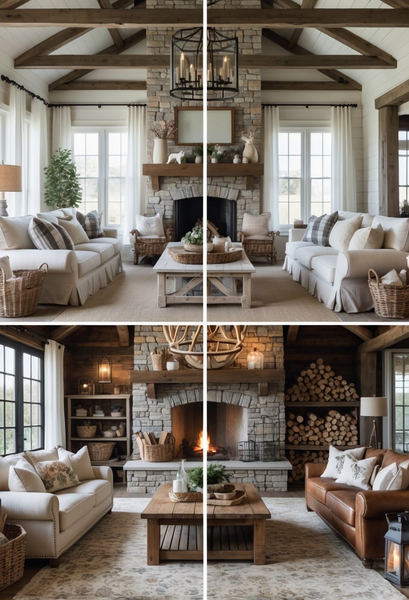 Farmhouse vs Rustic Living Room: Key Differences & Design Tips 4 A living room divided into two sections showing different furniture and decor styles, with sofas, fireplaces, coffee tables, and various decorative elements on each side.