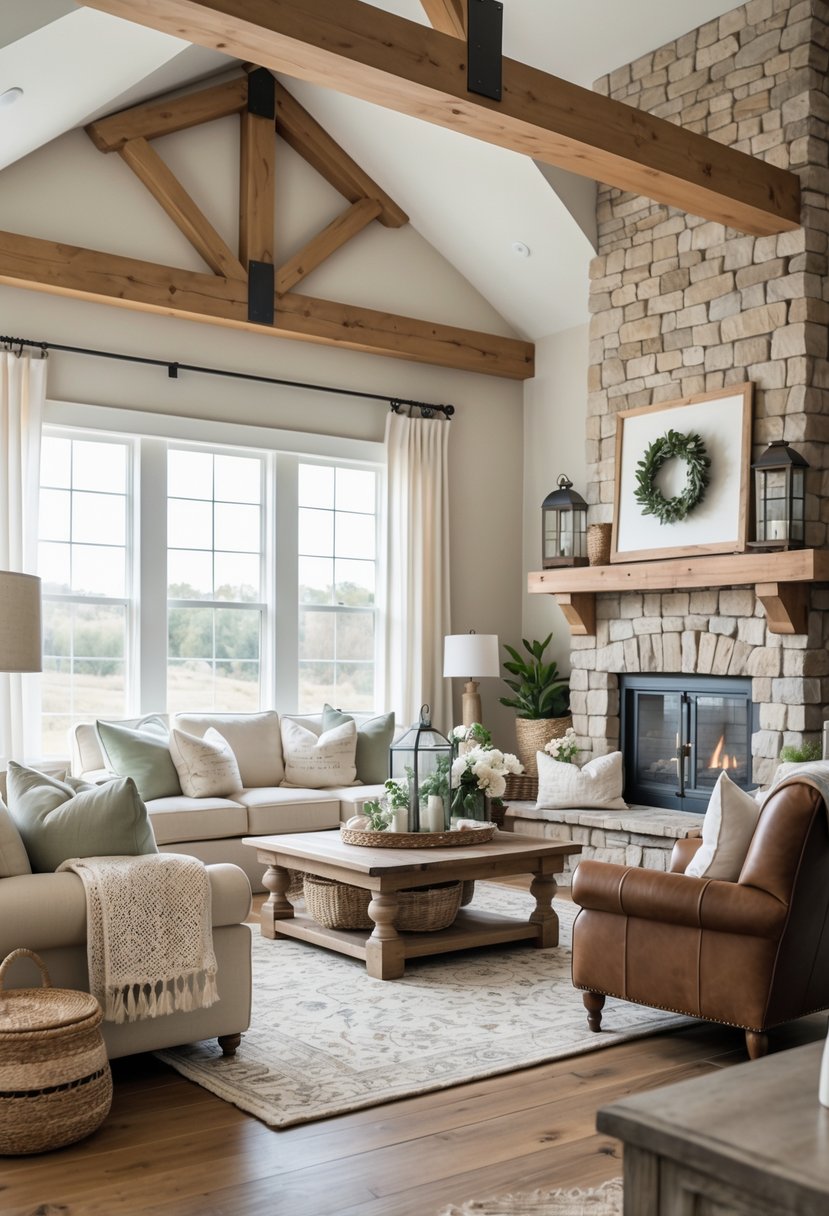 Farmhouse vs Rustic Living Room: Key Differences & Design Tips 5 A cozy living room with a stone fireplace, wooden beams, comfortable seating, and natural light coming through large windows.
