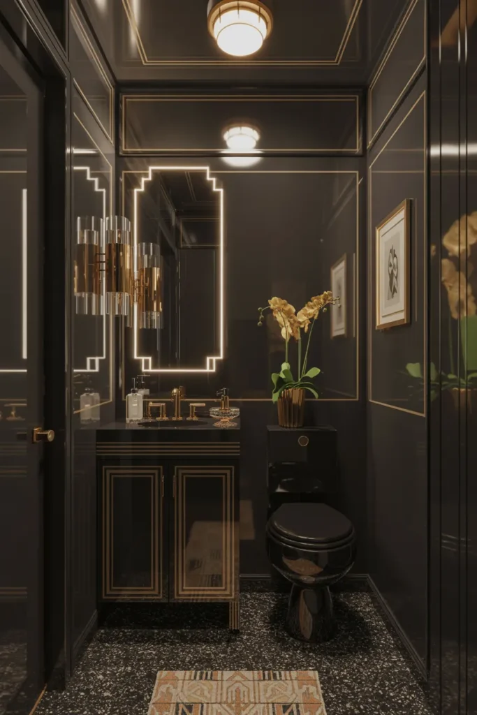 Art Deco Inspired Moody Bathroom with Black and Gold