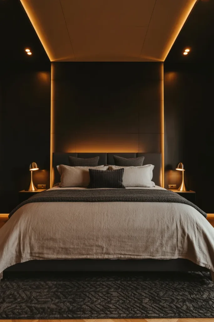 19 Black Bedroom Aesthetic Ideas That Make Dark Interiors Look Irresistible 16 Black Bedroom with Ambient Lighting