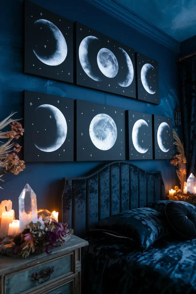 Black Canvases with Hand-Painted Moons