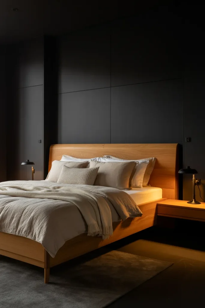 19 Black Bedroom Aesthetic Ideas That Make Dark Interiors Look Irresistible 7 Black Walls with Warm Wood Accents