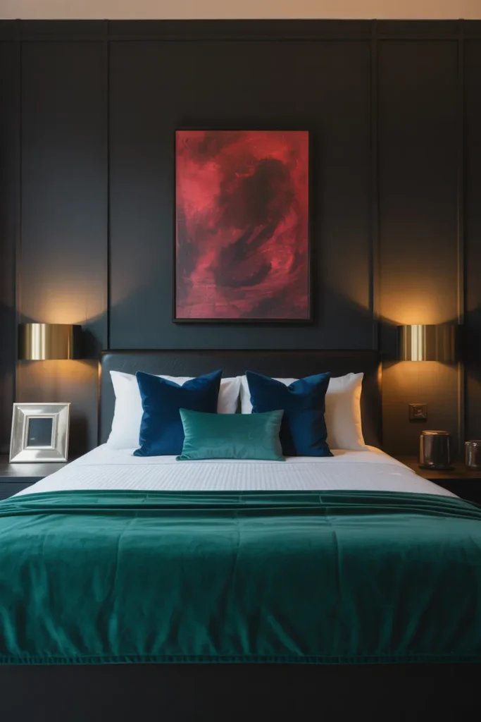 19 Black Bedroom Aesthetic Ideas That Make Dark Interiors Look Irresistible 17 Black with Pops of Jewel Tones