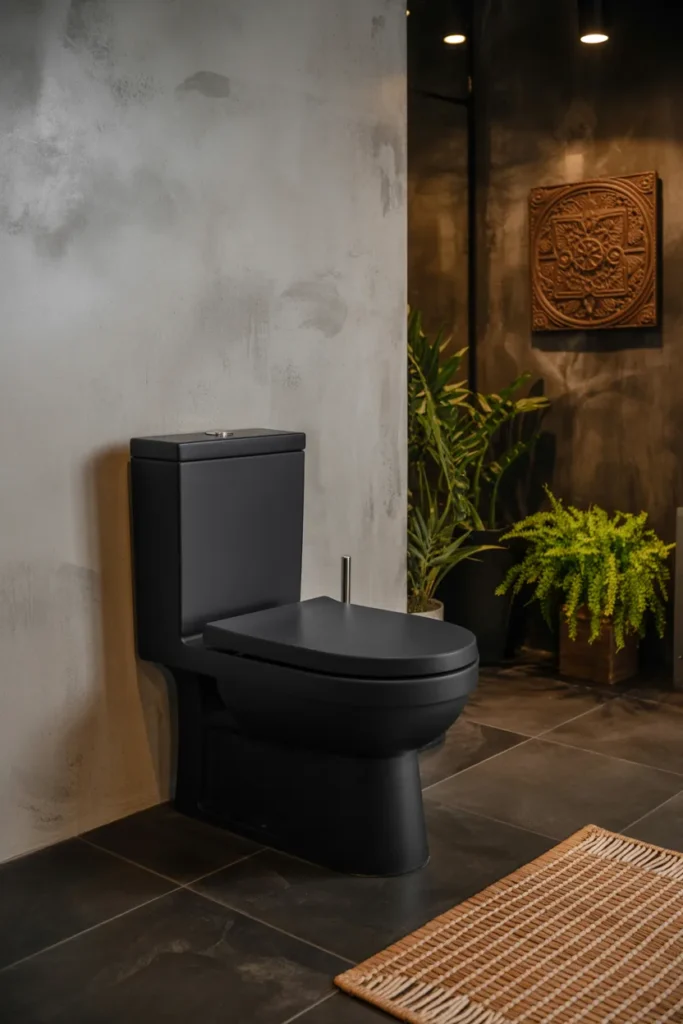 Bold Contrast Retreat – Earthy Bathroom with Dark Fixtures and Natural Accents