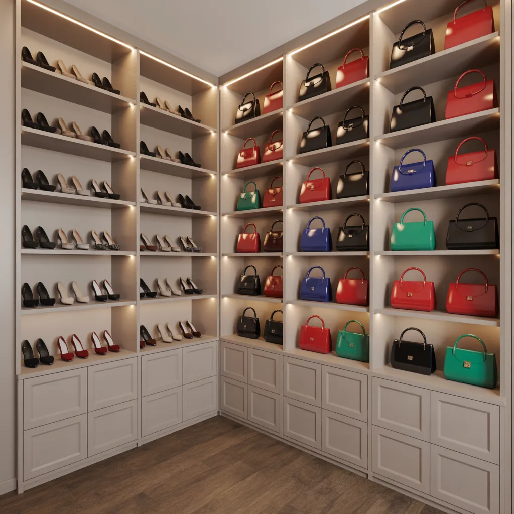 20 Dressing Room Design Ideas That Prove Organization Can Be Beautiful 8 Built-In Shelving for Shoes and Bags