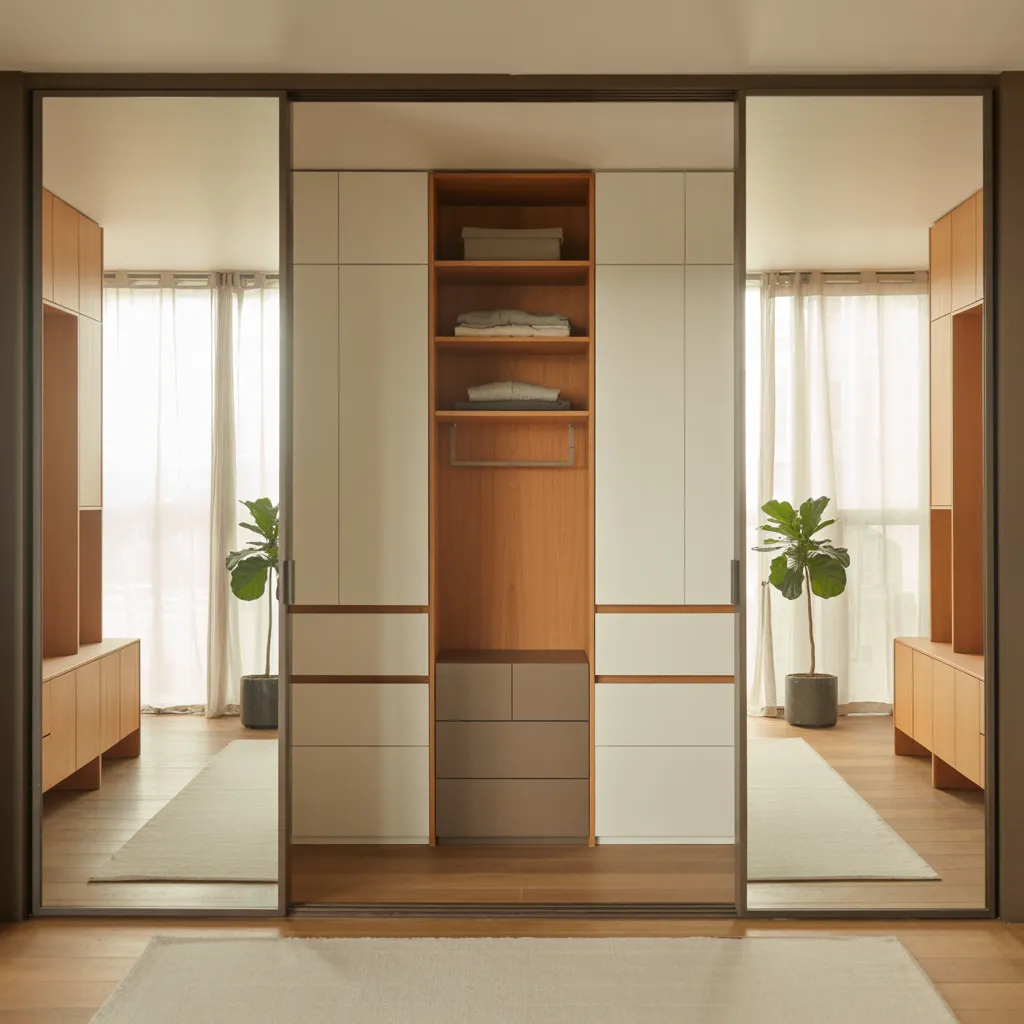 20 Dressing Room Design Ideas That Prove Organization Can Be Beautiful 3 Compact Dressing Nook with Sliding Doors