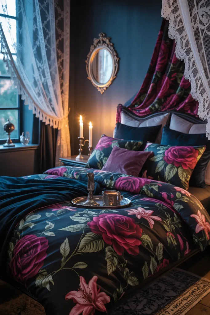 35 Witchy Bedroom Ideas to Transform Your Space into a Magical Sanctuary 21 Dark Floral Bedding